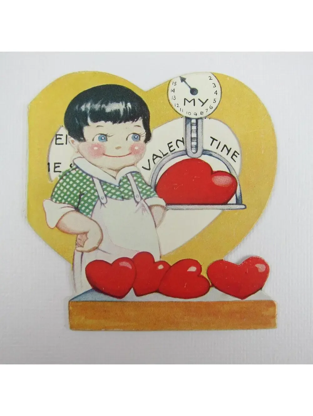 Vintage Valentine Boy Butcher Weigh Scale Red Hearts Die Cut  Bifold Window Card